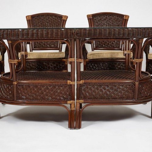 Комплект обеденный "ANDREA GRAND" (стол со стеклом+6 кресел+ подушки), Pecan Washed (античн. орех), Ткань рубчик, цвет кремовый