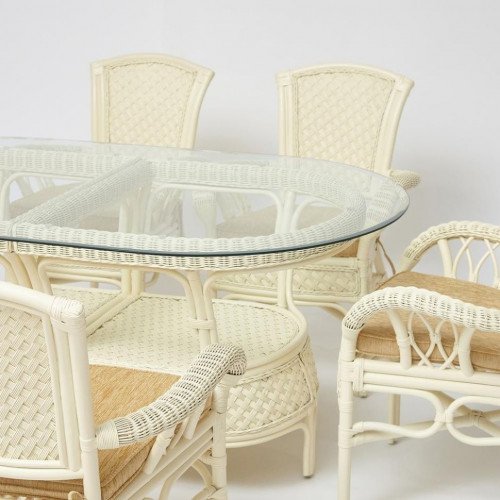 Комплект обеденный "ANDREA GRAND" (стол со стеклом+6 кресел+ подушки), TCH White (белый), Ткань рубчик, цвет кремовый