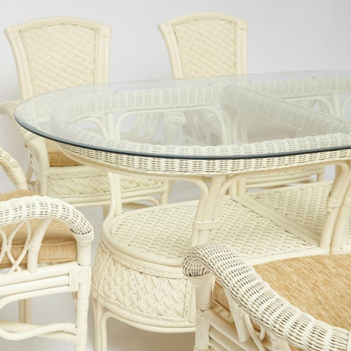 Комплект обеденный "ANDREA GRAND" (стол со стеклом+6 кресел+ подушки), TCH White (белый), Ткань рубчик, цвет кремовый