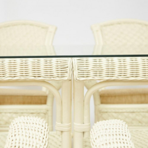 Комплект обеденный "ANDREA GRAND" (стол со стеклом+6 кресел+ подушки), TCH White (белый), Ткань рубчик, цвет кремовый