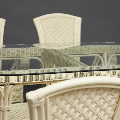 Комплект обеденный "ANDREA GRAND" (стол со стеклом+6 кресел+ подушки), TCH White (белый), Ткань рубчик, цвет кремовый