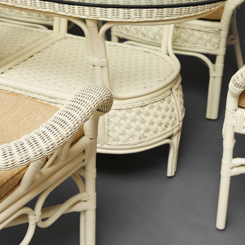 Комплект обеденный "ANDREA GRAND" (стол со стеклом+6 кресел+ подушки), TCH White (белый), Ткань рубчик, цвет кремовый