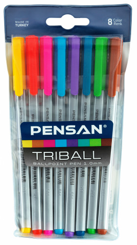 Набор ручек шариков. Pensan Triball (1003/PVC8) серебристый d=1мм ассор. черн. блистер (8шт) 1стерж. игловидный пиш. наконечник линия 0.8мм кругл. телескопич.корпус 8 ручек на масляной основе