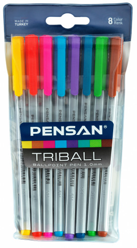 Набор ручек шариков. Pensan Triball (1003/PVC8) серебристый d=1мм ассор. черн. блистер (8шт) 1стерж. игловидный пиш. наконечник линия 0.8мм кругл. телескопич.корпус 8 ручек на масляной основе