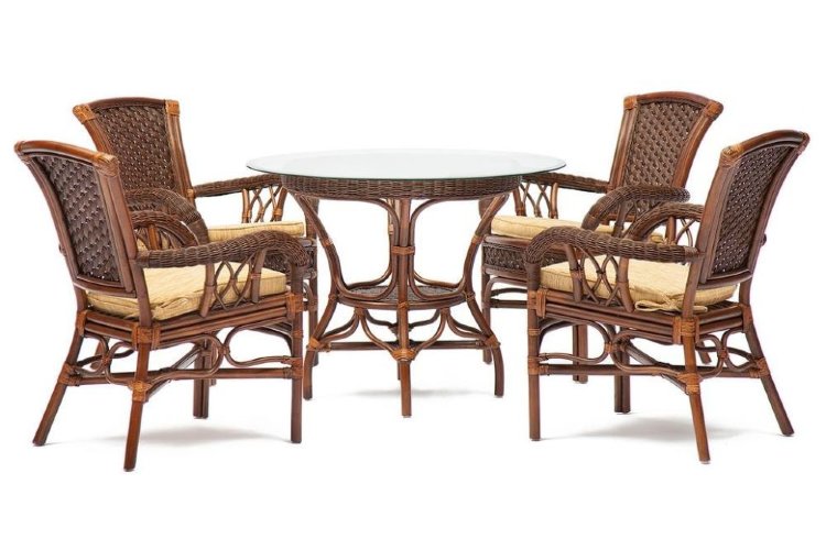 Комплект обеденный "ANDREA" ( стол со стеклом + 4 кресла + подушки), Pecan Washed (античн. орех), Ткань рубчик, цвет кремовый