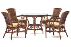 Комплект обеденный &quot;ANDREA&quot; ( стол со стеклом + 4 кресла + подушки), Pecan Washed (античн. орех), Ткань рубчик, цвет кремовый