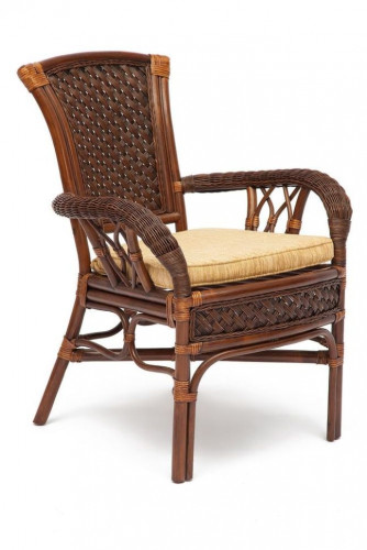 Комплект обеденный "ANDREA" ( стол со стеклом + 4 кресла + подушки), Pecan Washed (античн. орех), Ткань рубчик, цвет кремовый