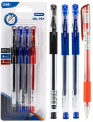 Набор ручек гелев. Deli Daily E6600S-MT прозрачный/ассорти d=0.5мм ассор. черн. блистер (4шт) сменный стержень кругл. резин. манжета 3цв.