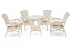Комплект обеденный "ANDREA" ( стол со стеклом + 4 кресла + подушки), TCH White (белый), Ткань рубчик, цвет кремовый