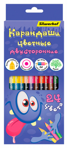 Карандаши цв. Silwerhof Монстрики двухцвет. 2.8мм кругл. дерево ассорти 24цв. коробка/европод. (12шт)