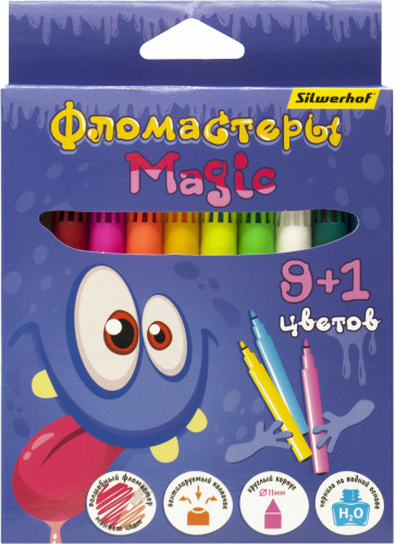 Фломастеры Silwerhof Magic Монстрики 11мм 135мм круглый пиш. наконечник Вентилируемый 9цв. +1волшеб. коробка с европодвесом