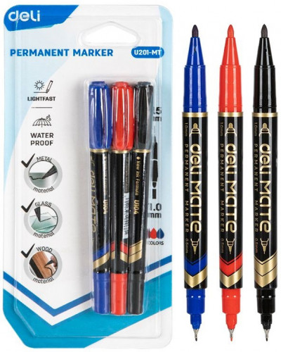 Набор маркеров перманентных Deli EU201-MT Mate круг. двойной пиш. наконечник 0.5-1мм с клипом 3цв. ассорти блистер (3шт.)