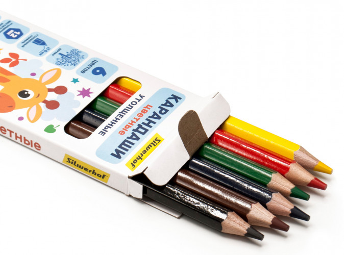 Карандаши цв. Silwerhof Jumbo Веселые друзья 6мм шестигран. дерево ассорти 6цв. коробка/европод.