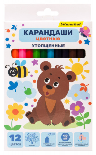 Карандаши цв. Silwerhof Jumbo Веселые друзья 6мм шестигран. дерево ассорти 12цв. коробка/европод.