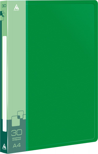 Папка с 30 прозр.вклад. Бюрократ -BPV30GRN A4 пластик 0.65мм торц.карм с бум. встав зеленый