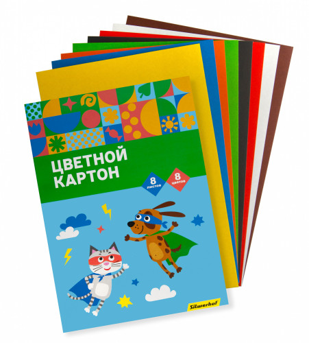Картон цветной Silwerhof ассорти одност. 8л. 8цв. A4 Супер агенты 230г/м2 1диз. обл.мел.картон папка (упак.:25шт)