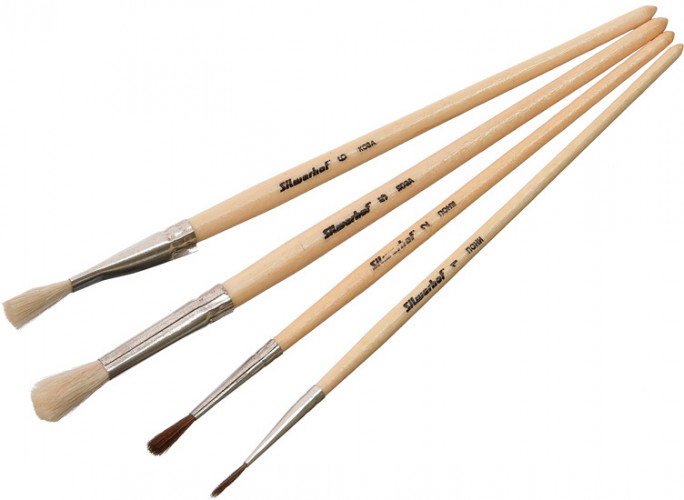 Набор кистей Silwerhof Монстрики (наб.4шт) пони круглая №1,2/коза круглая №5/коза плоская №6 дерев.лакир.ручка