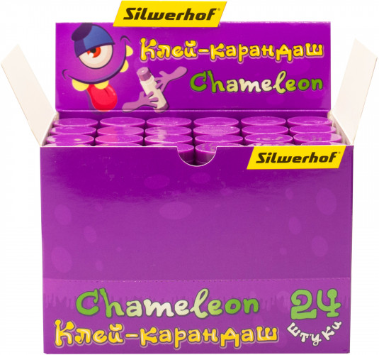Клей-карандаш Silwerhof Chameleon 9гр ПВП дисплей картонный цветной (исчезающий цвет) Монстрики
