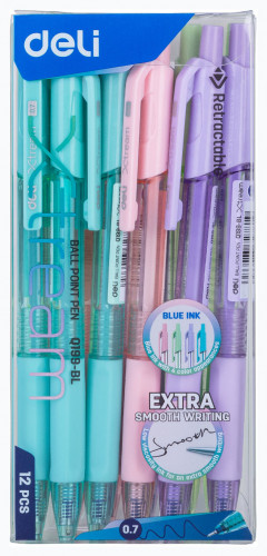 Набор ручек шариков. автоматическая Deli X-tream EQ199-BL-P d=0.7мм син. черн. (12шт) резин. манжета