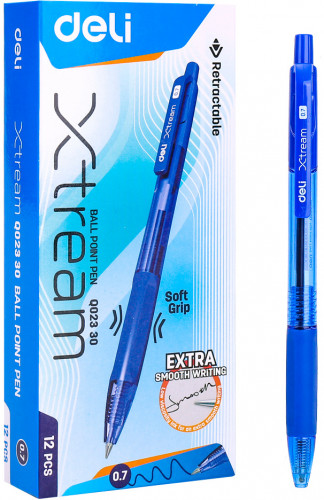 Набор ручек шариков. автоматическая Deli X-tream EQ02330-P прозрачный/синий d=0.7мм син. черн. (12шт) сменный стержень линия 0.4мм