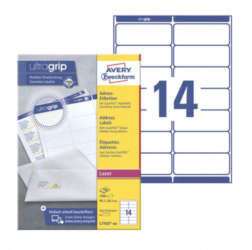 Этикетки Avery Zweckform L7163-100 A4 99.1x38.1мм 14шт на листе/70г/м2/100л./белый самоклей. универсальная