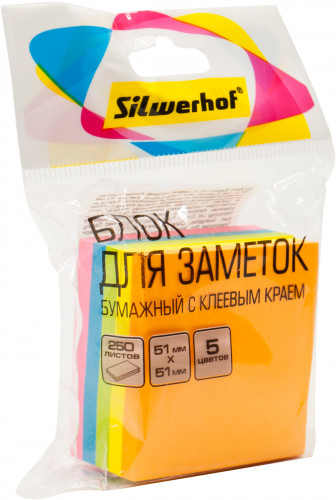 Блок самоклеящийся бумажный Silwerhof 682158-00 51x51мм 250лист. 75г/м2 неон 5цв.в упак. европодвес