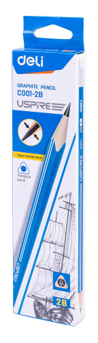 Карандаш ч/г Deli EC001-2B Uspire 2B трехгран. тополь синий карт.кор. (12шт) ластик