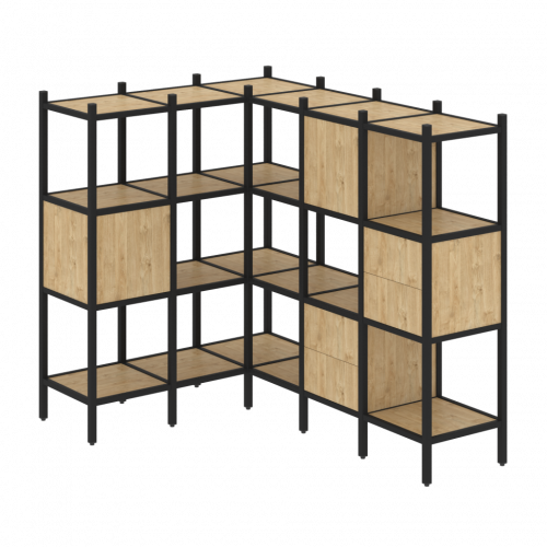 Loft Угловой внутренний стеллаж наборный VR.L-30 Тиквуд светлый/Чёрный металл 1278*1278*1458