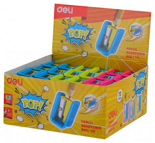 Точилка для карандашей ручная Deli ER00100 PoP 1 отверстие пластик ассорти дисплей