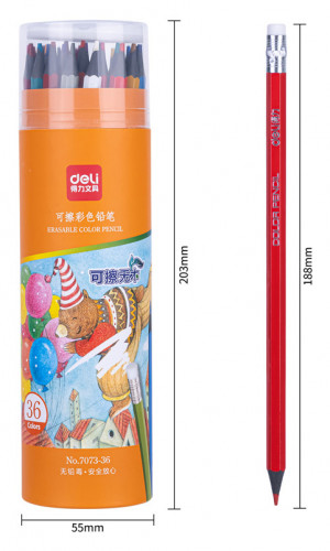 Карандаш цв. Deli 7073-36 пластик ассорти туба пл. (36шт) ластик