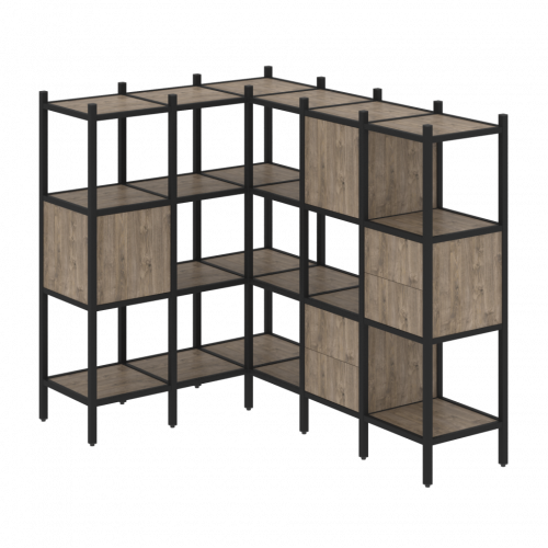 Loft Угловой внутренний стеллаж наборный VR.L-30 Тиквуд тёмный/Чёрный металл 1278*1278*1458