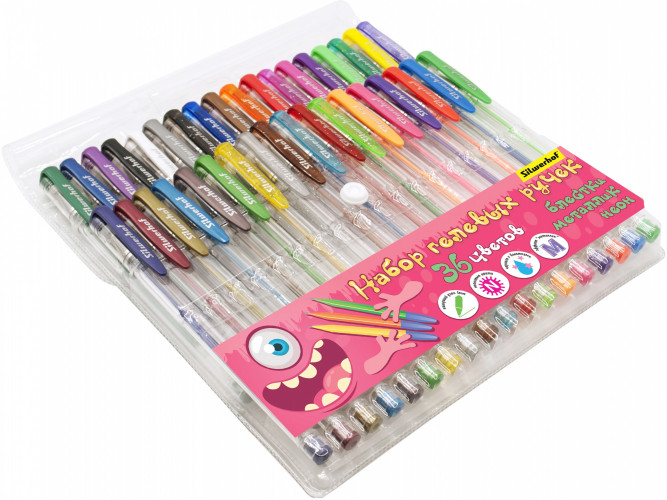 Набор ручек гелев. Silwerhof Монстрики Mix d=1мм блистер (36шт) 36цв. блестки/металлик/неон