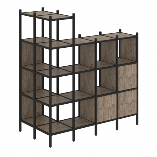 Loft Угловой внешний стеллаж наборный VR.L-57 Тиквуд тёмный/Чёрный металл 862*1694*1869