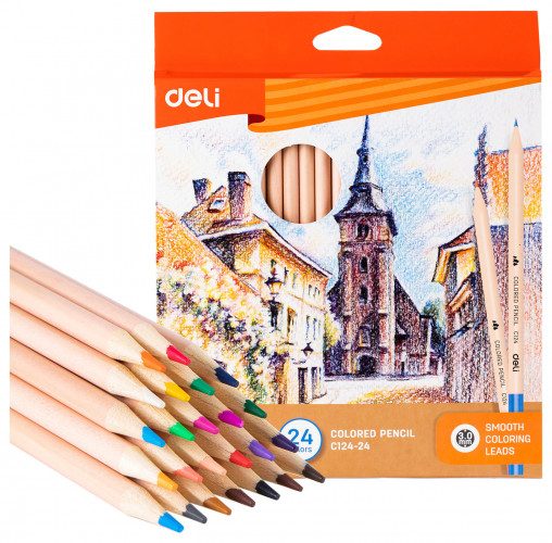 Карандаши цв. Deli CC124-24 кругл. дерево 24цв. коробка/европод. (24шт)