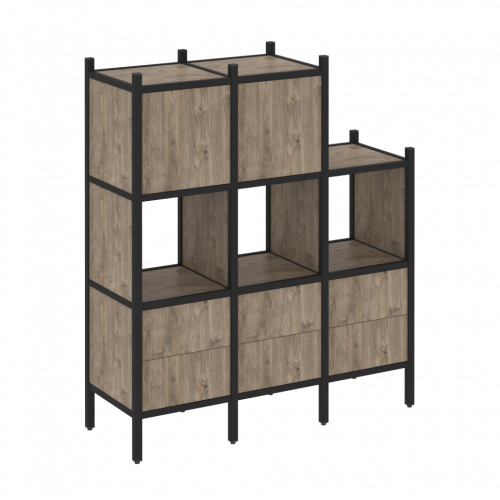 Loft Прямой стеллаж наборный VR.L-15 Тиквуд тёмный/Чёрный металл 1278*446*1458