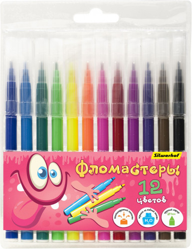 Фломастеры Silwerhof Монстрики 9мм 145мм круг. пулевидный пиш. наконечник Вентилируемый 12цв. пакет с европодвесом
