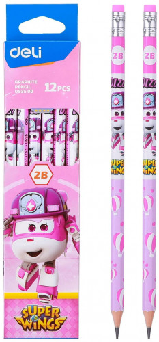 Карандаш ч/г Deli EU53500 Super Wings 2B шестигран. ассорти (12шт) ластик