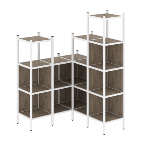 Loft Угловой внутренний стеллаж наборный VR.L-39 Тиквуд тёмный/Белый металл 1278*1278*1869