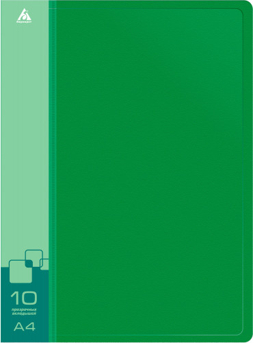 Папка с 10 прозр.вклад. Бюрократ -BPV10GRN A4 пластик 0.6мм торц.карм с бум. встав зеленый