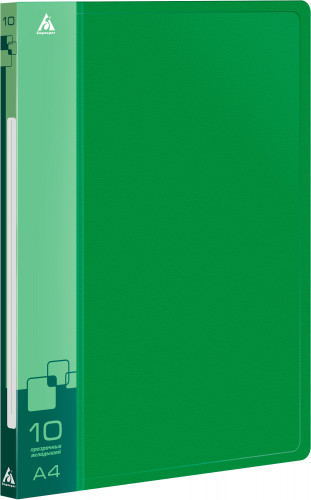 Папка с 10 прозр.вклад. Бюрократ -BPV10GRN A4 пластик 0.6мм торц.карм с бум. встав зеленый