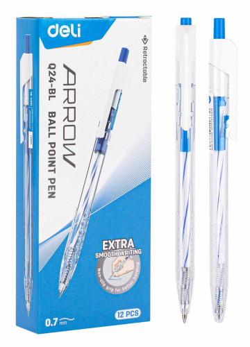 Набор ручек шариков. автоматическая Deli Arrow EQ24-BL-P прозрачный/белый d=0.7мм син. черн. (12шт)