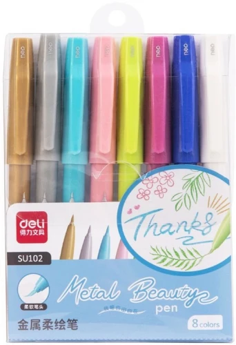 Фломастеры Deli SU102 круг. кисть Невентилируемый металлик 8цв. блистер (8шт.)