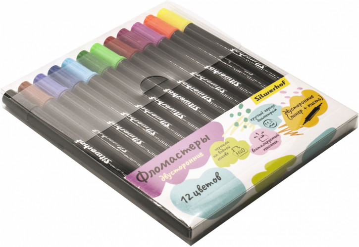 Фломастеры для скетчинга Silwerhof 11.5мм 169мм двойной пиш. наконечник Вентилируемый 12цв. пакет с европодвесом