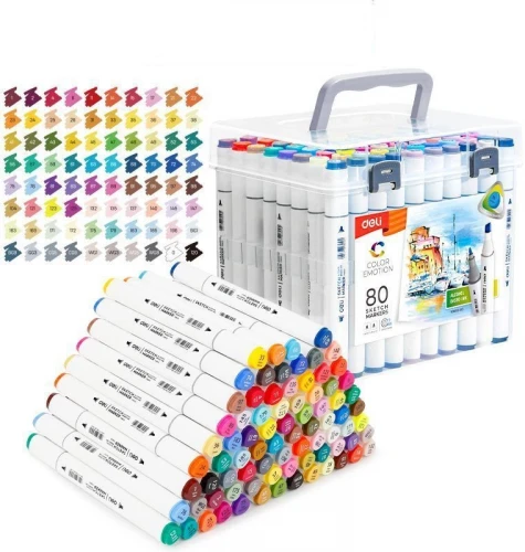 Набор маркеров для скетчинга Deli E70803-80 Color Emotion 11мм 150мм трехгр. двойной пиш. наконечник 1-7мм 80цв. ассорти пластиковая коробка (80шт.)