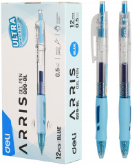 Набор ручек гелев. автоматическая Deli Arris (EG09-BL-P) прозрачный/голубой син. черн. кор.карт. (12шт) линия 0.7мм резин. манжета
