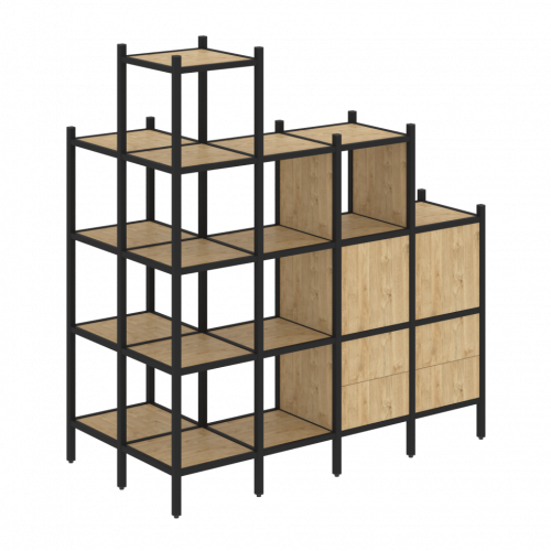 Loft Угловой внешний стеллаж наборный VR.L-58 Тиквуд светлый/Чёрный металл 862*1694*1869