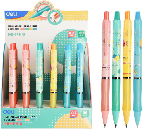 Набор карандашей мех. Deli EU717-P Memphis 0.7мм пластик ассорти дисплей (36шт) ластик