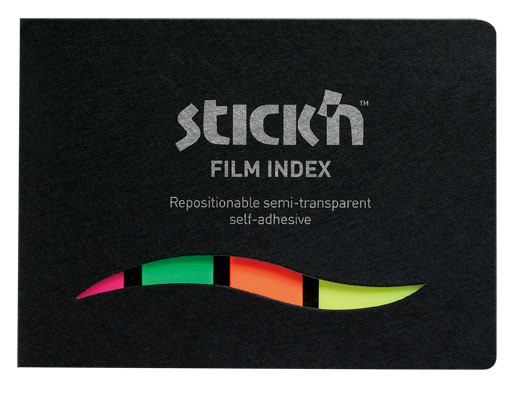 Закладки самокл. индексы пластиковые Stick`n 21077 4цв.в упак. 25лист в обложке 25x45мм+12x45мм европодвес