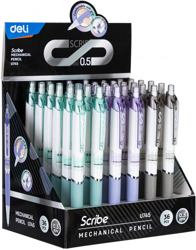 Набор карандашей мех. Deli EU745-P Scribe 0.5мм пластик ассорти дисплей (36шт)