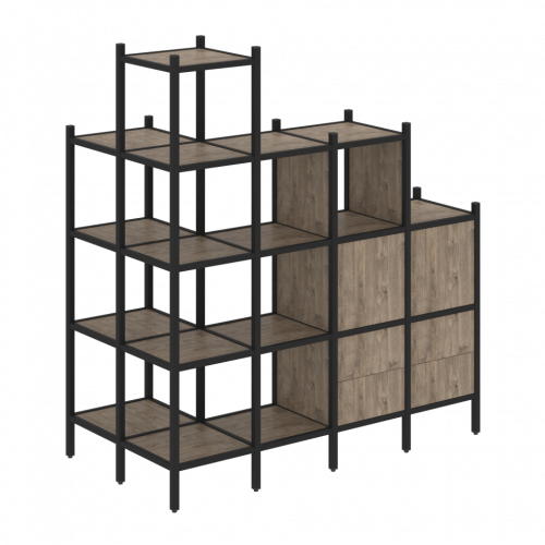 Loft Угловой внешний стеллаж наборный VR.L-58 Тиквуд тёмный/Чёрный металл 862*1694*1869